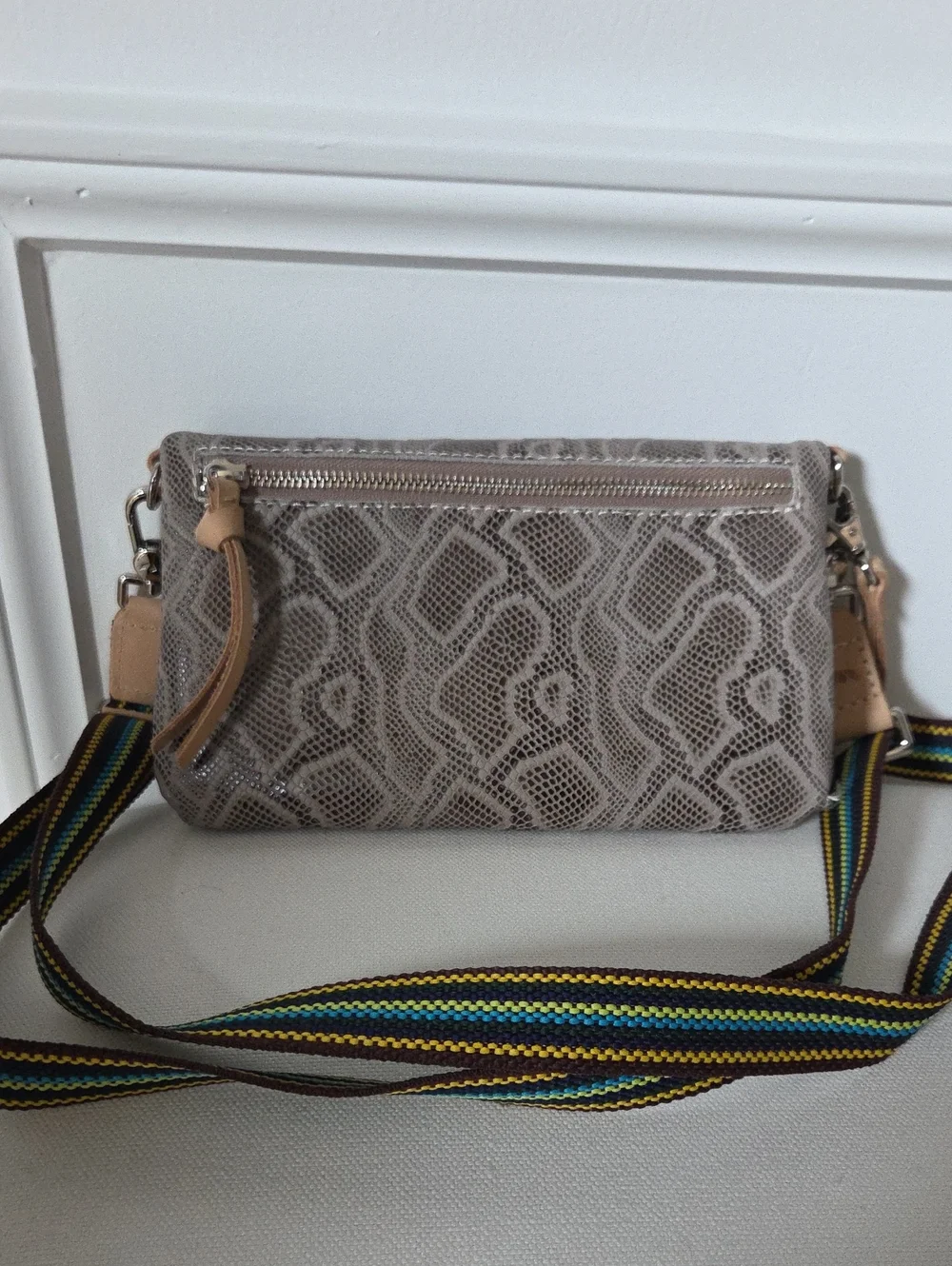 Consuela Taupe Snake-Print Crossbody with Multicolor Stripe Strap - Picture 2 of 4